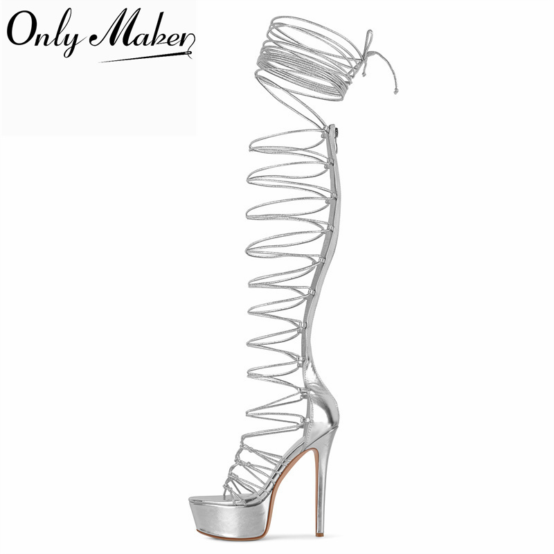 Sandal Strappy Heeled - Onlymaker, серебристые босоножки-гладиаторы на платформе с